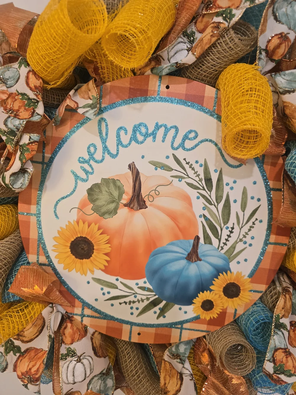 Welcome Pumpkin Sunflower Fall Wreath in Orange, Yellow & Blue